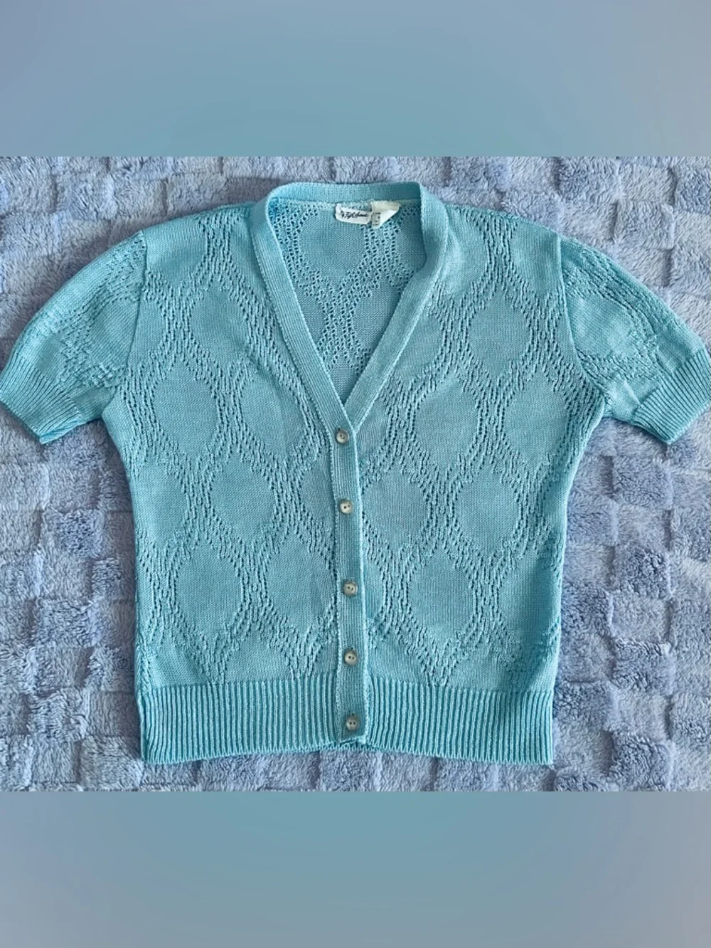 Vintage Saks Fifth Avenue Light Blue Short Sleeved Cardigan Size Small - Picture 3 of 7